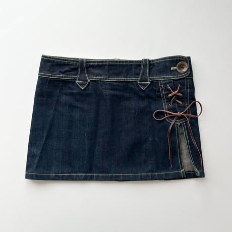 indigo denim lace up slit mini skirt