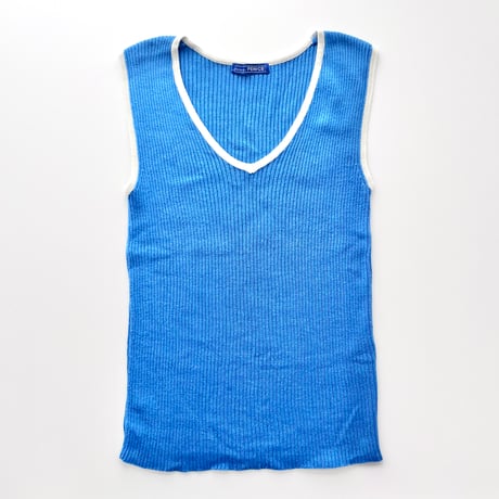 blue × white piping knitted tank top