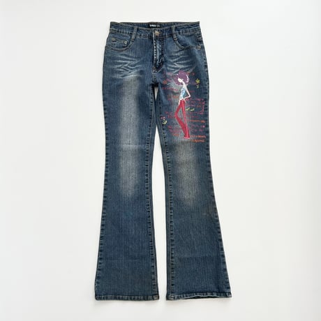 printed flare denim pants