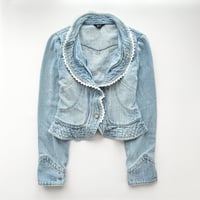 blue denim white crochet designed jacket