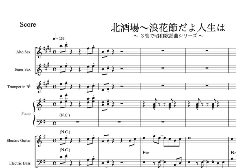 7ピースバンド楽譜『北酒場〜浪花節だよ人生は』（心のこりコント用