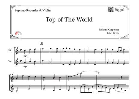「Top of The World」ソプラノリコーダー＆ヴァイオリン二重奏［MM2］