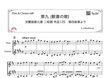 「第九（歓喜の歌）Long Ver.」フルート＆クラリネット二重奏［MM5]パート譜付き【wakopアレンジ】