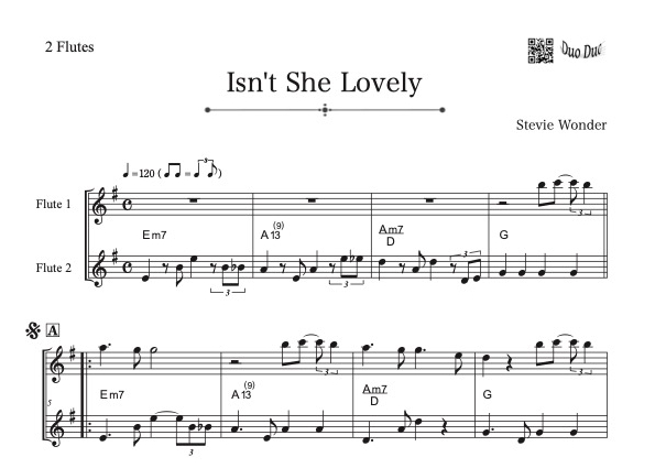 Isn't She Lovely」フルート二重奏［Jazzシリーズ］ | DuoDuo【二重