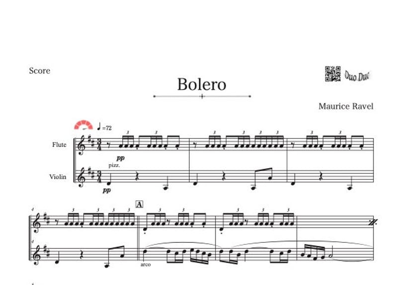 Bolero／ボレロ」フルート&ヴァイオリン二重奏［MM5］パート譜付き