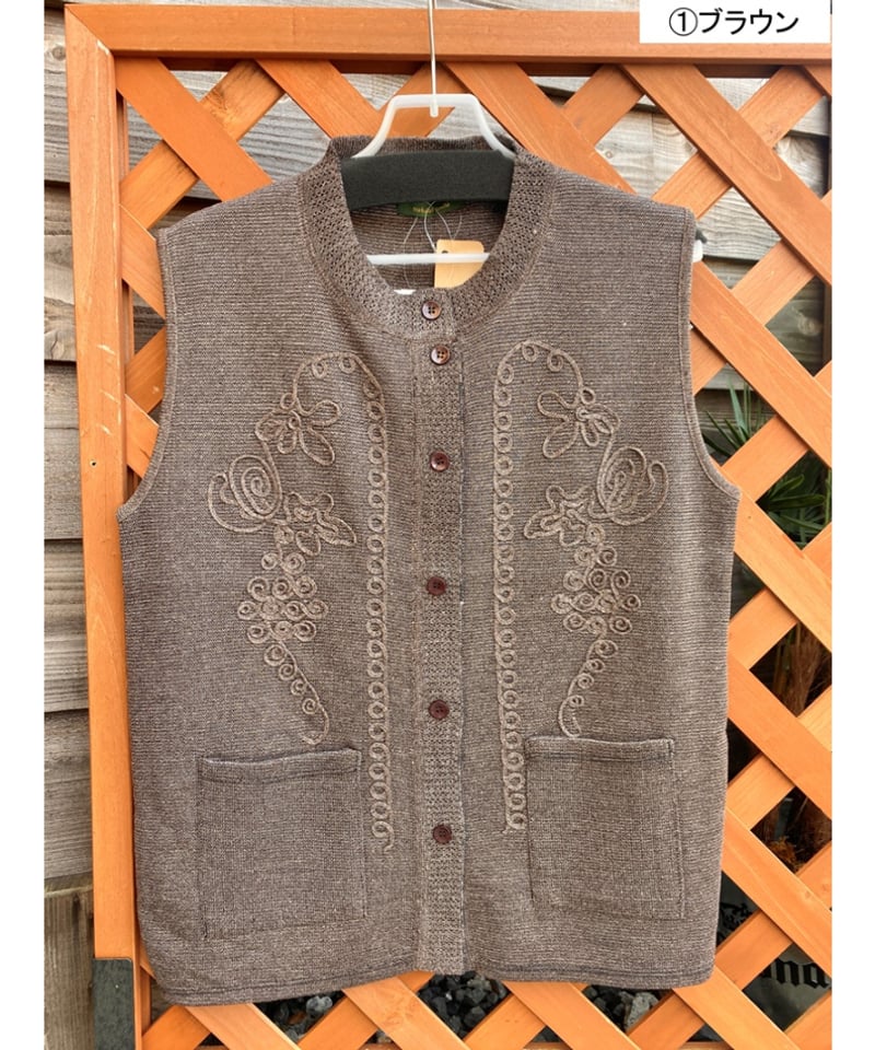 丸太遠藤　付下げ　薄物　千鳥　波　刺繍　正絹　ベージュ コード刺繍丸首毛混ニットベスト | ミセス・シニアの洋服WEARPLUS