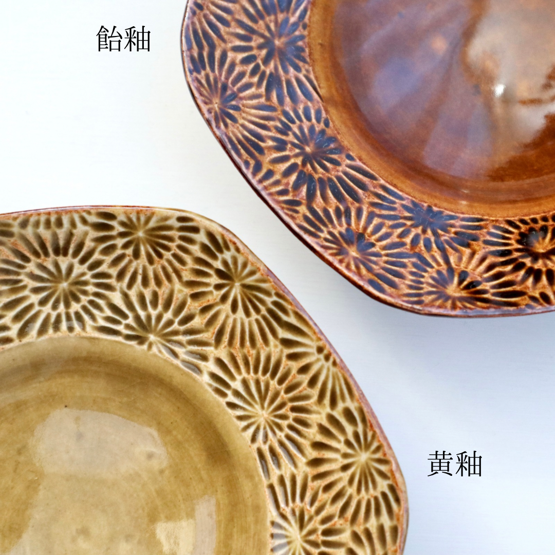 野村朋香 花紋六角7寸鉢（飴釉・黄釉） | nukumoly