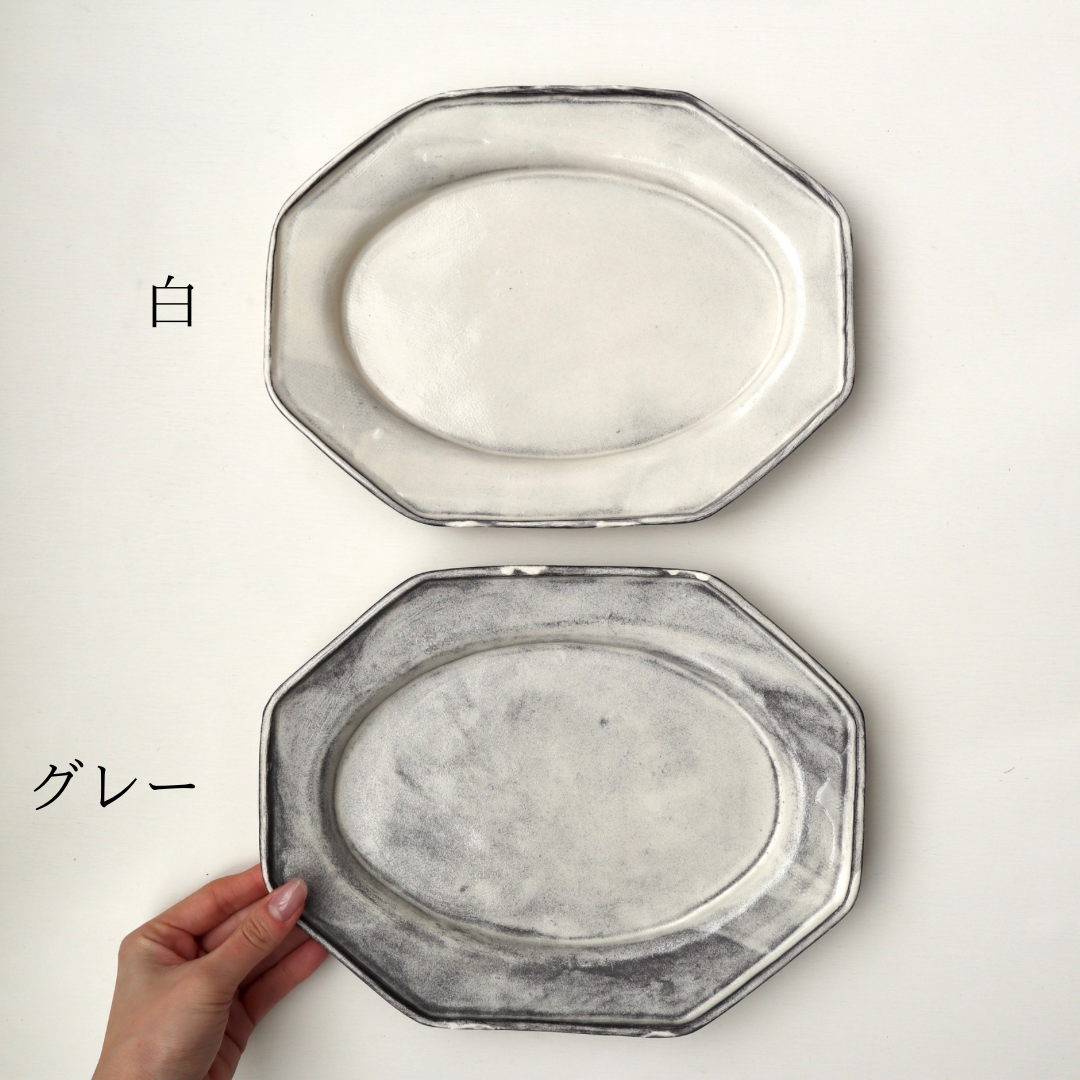 長浜由起子　アンティカ　３枚セット　一点物　作家さん　プレート　オーバル　リム皿 長浜由起子 アンティカシリーズ オクトゴナルオーバル皿（白