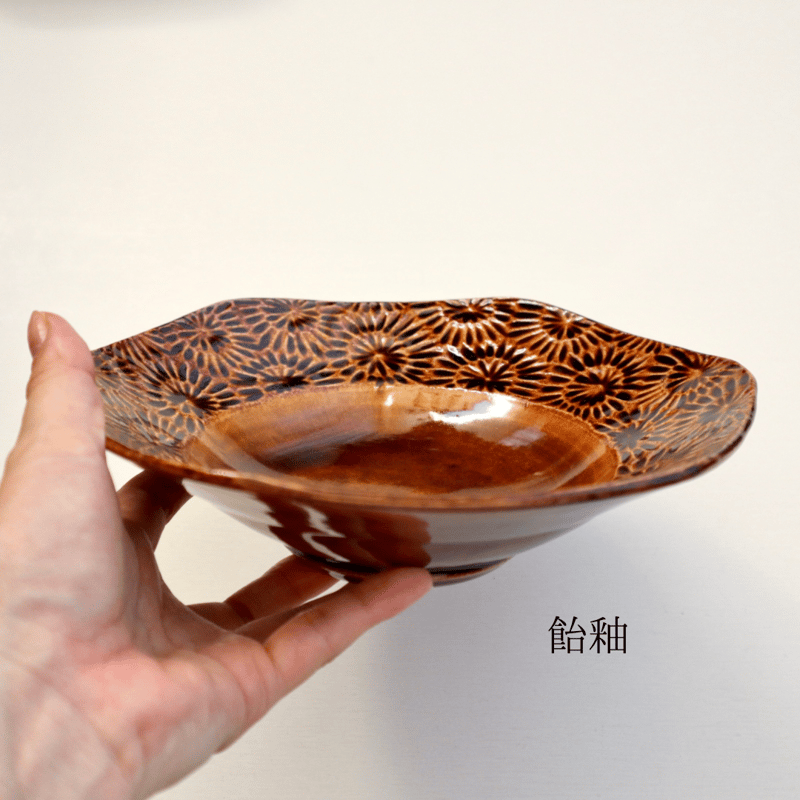 野村朋香 花紋六角7寸鉢（飴釉・黄釉） | nukumoly