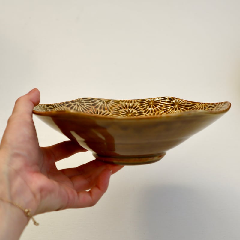野村朋香 花紋六角7寸鉢（飴釉・黄釉） | nukumoly