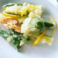 野菜のフリット・そら豆パスタ・ワカメのアクアパッツァ・マスカルポーネロールケーキ