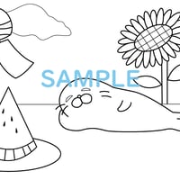 ぬりえ　8月　「お昼寝あざらしの夏休み」