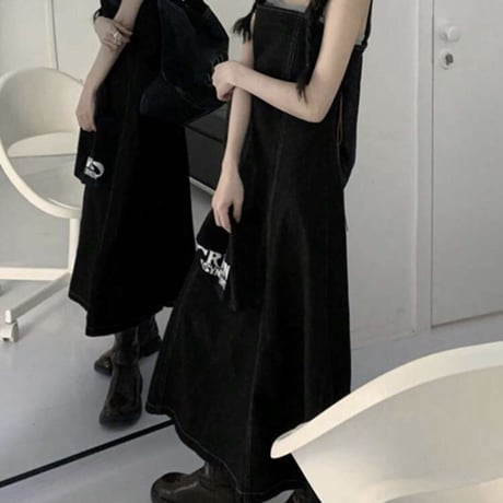 Lace up black denim dress