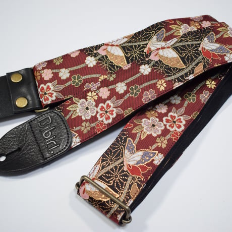 帆布ギターストラップ【蝶と霞　赤】京都金襴　和柄 | Handmade Japanese Guitar Strap