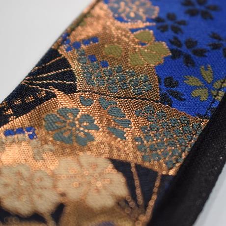 帆布ギターストラップ【桜と扇　青】京都金襴　和柄 | Handmade Japanese Guitar Strap