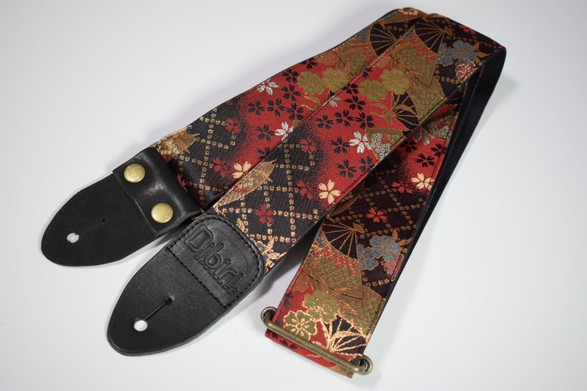 桜と扇 帆布ギターストラップ 紅】 京都金襴 日本製 ハンドメイド