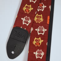 帆布ギターストラップ【ふくろう　えんじ】和柄 | Handmade Japanese Guitar Strap