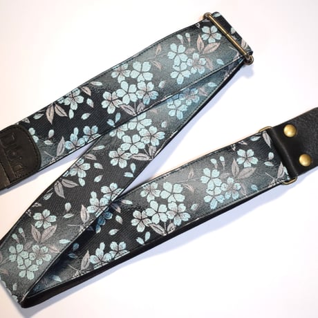 帆布ギターストラップ【つぼみ葉桜　水色】京都金襴　和柄 | Handmade Japanese Guitar Strap