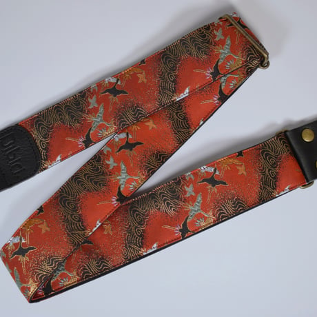 帆布ギターストラップ【鳥と流線　赤】京都金襴　和柄 | Handmade Japanese Guitar Strap