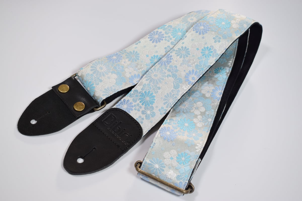 和柄 ギターストラップ 日本製 ハンドメイド 金襴 帆布 栃木レザー 菊