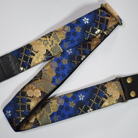 帆布ギターストラップ【桜と扇　青】京都金襴　和柄 | Handmade Japanese Guitar Strap