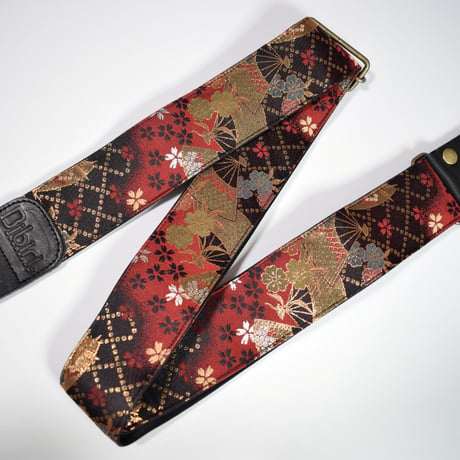 帆布ギターストラップ【桜と扇　赤】京都金襴　和柄 | Handmade Japanese Guitar Strap