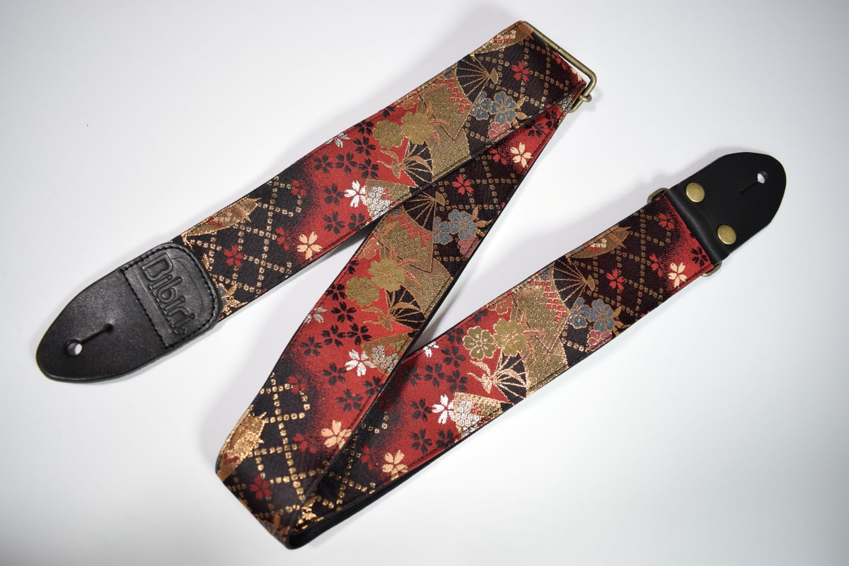 桜と扇 帆布ギターストラップ 紅】 京都金襴 日本製 ハンドメイド