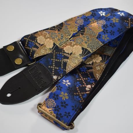 帆布ギターストラップ【桜と扇　青】京都金襴　和柄 | Handmade Japanese Guitar Strap