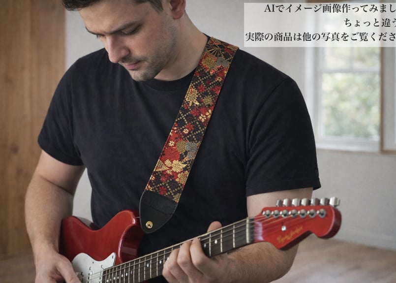 和柄 ギターストラップ 金襴 桜と扇 | Handmade Japanese Guitar S