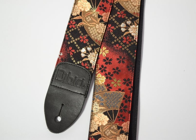 虎の巻物 桜と扇 帆布ギターストラップ 紅】 京都金襴 日本製 ハンドメイド