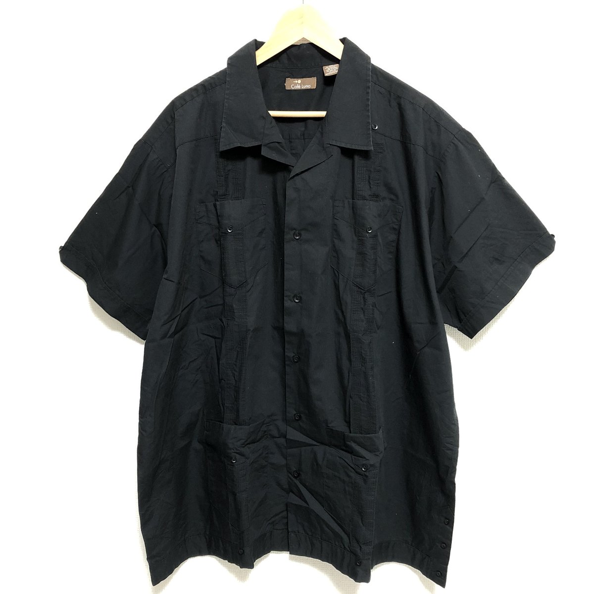 Cafe Luna プリーツ 開襟シャツ キューバシャツ M ブラック 黒 Cafe Luna プリーツ 開襟シャツ キューバシャツ M ブラック 黒