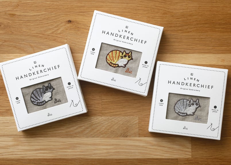 リネン刺繍ハンカチ】ねこ / 箱入り | 粒あん図案室
