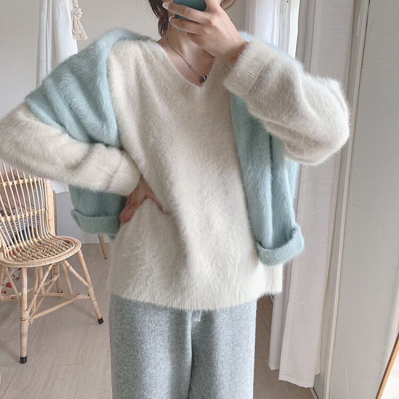 Vネックプルオーバー無地ルーズウォームモヘアニットセーター Vネックプルオーバー無地ルーズウォームモヘアニットセーター