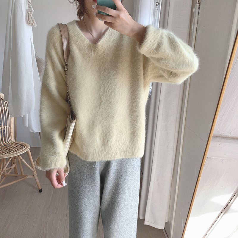 Vネックプルオーバー無地ルーズウォームモヘアニットセーター Vネックプルオーバー無地ルーズウォームモヘアニットセーター