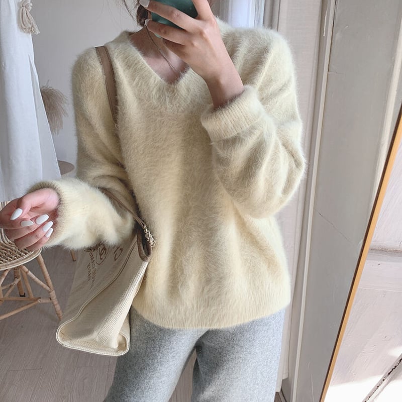 Vネックプルオーバー無地ルーズウォームモヘアニットセーター Vネックプルオーバー無地ルーズウォームモヘアニットセーター