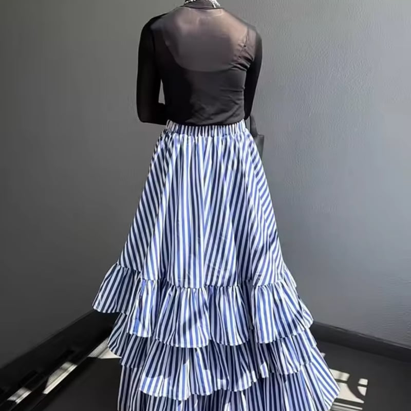 ティアードストライプフリルフレアスカート オールシーズン ロング