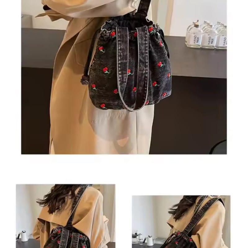 チェリー柄デニムショルダーバッグ 巾着バッグ さくらんぼ 可愛い 軽量