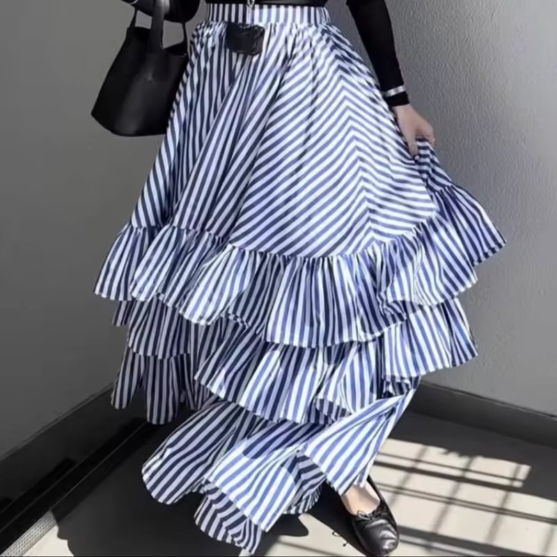 ティアードストライプフリルフレアスカート オールシーズン ロング