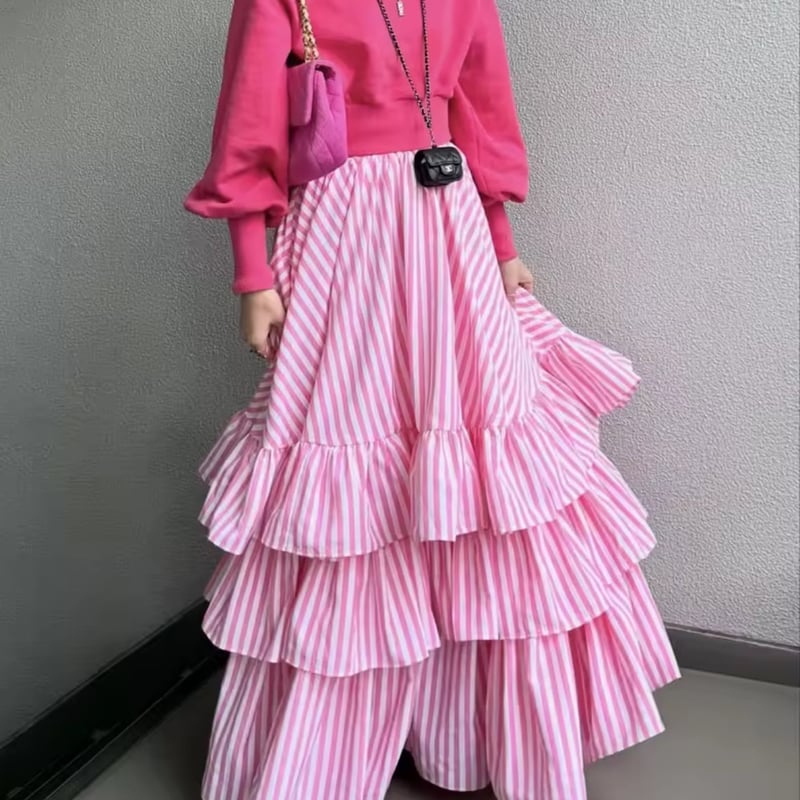 ティアードストライプフリルフレアスカート オールシーズン ロング