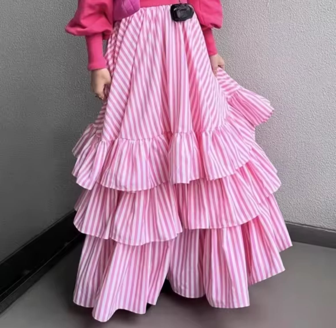 ティアードストライプフリルフレアスカート オールシーズン ロング