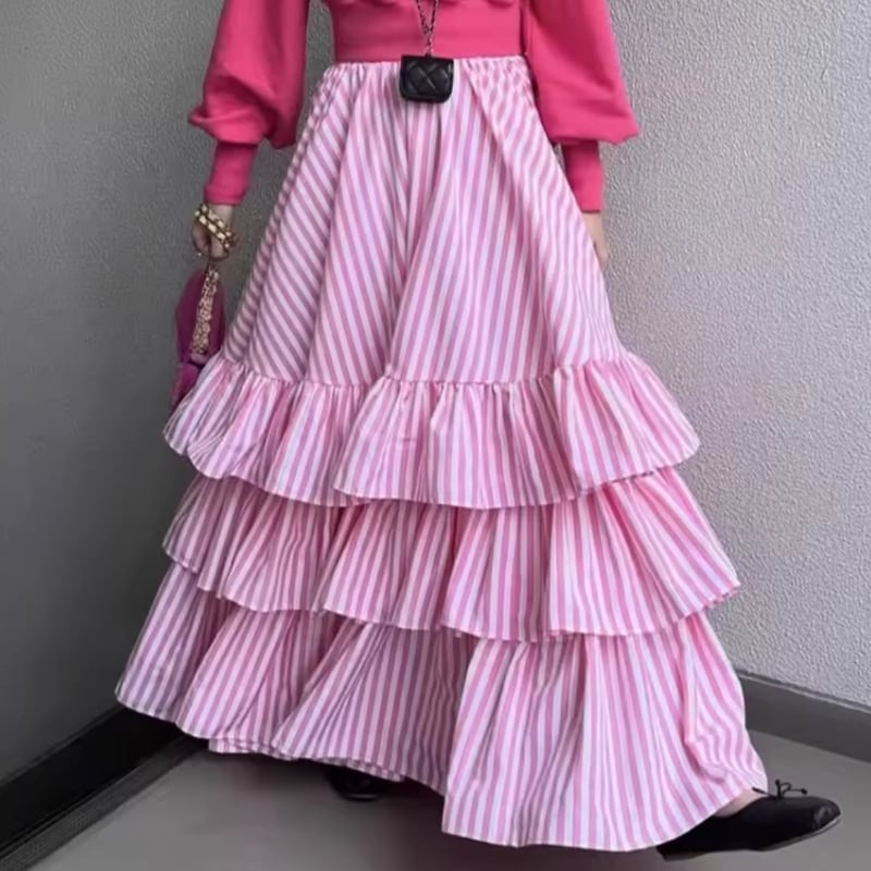 ティアードストライプフリルフレアスカート オールシーズン ロング
