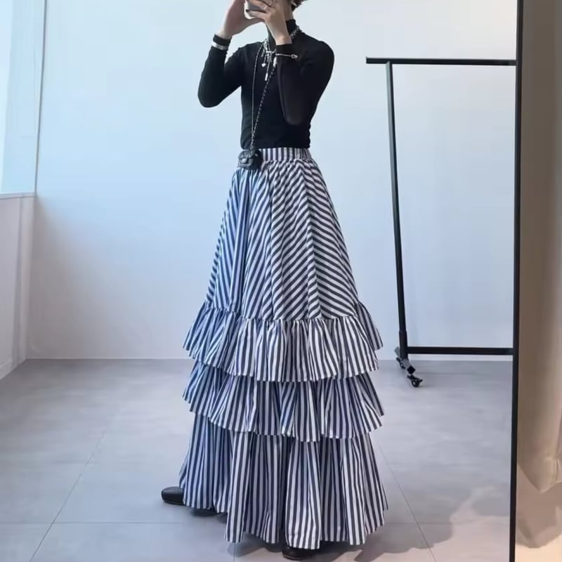 ティアードストライプフリルフレアスカート オールシーズン ロング