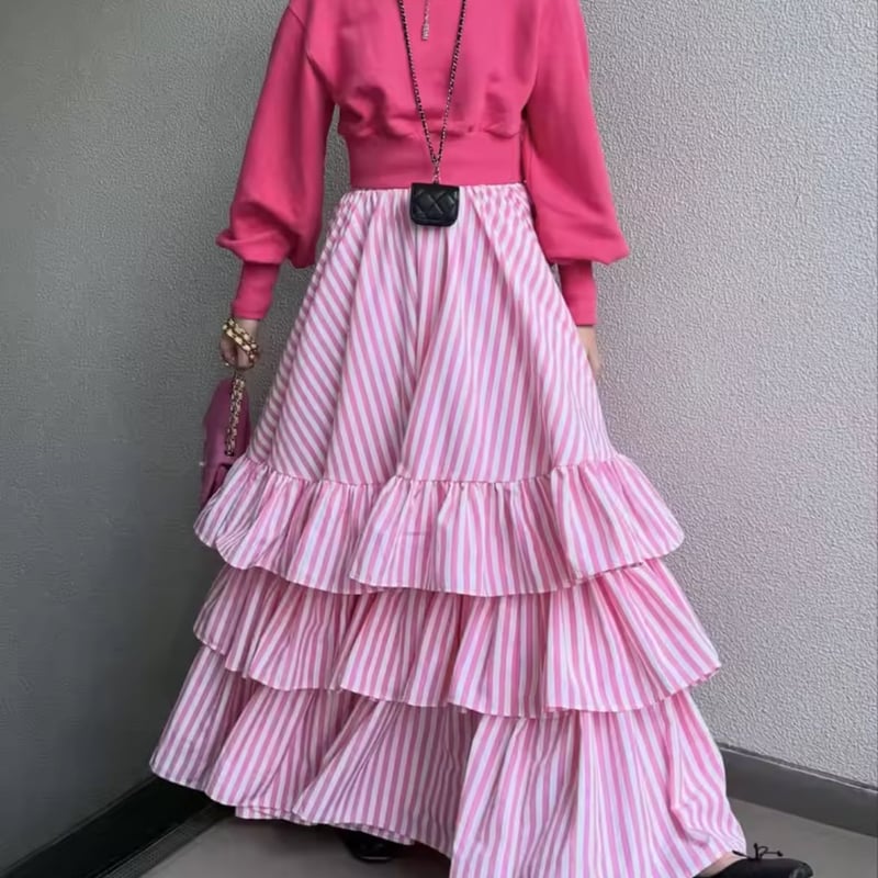ティアードストライプフリルフレアスカート オールシーズン ロング