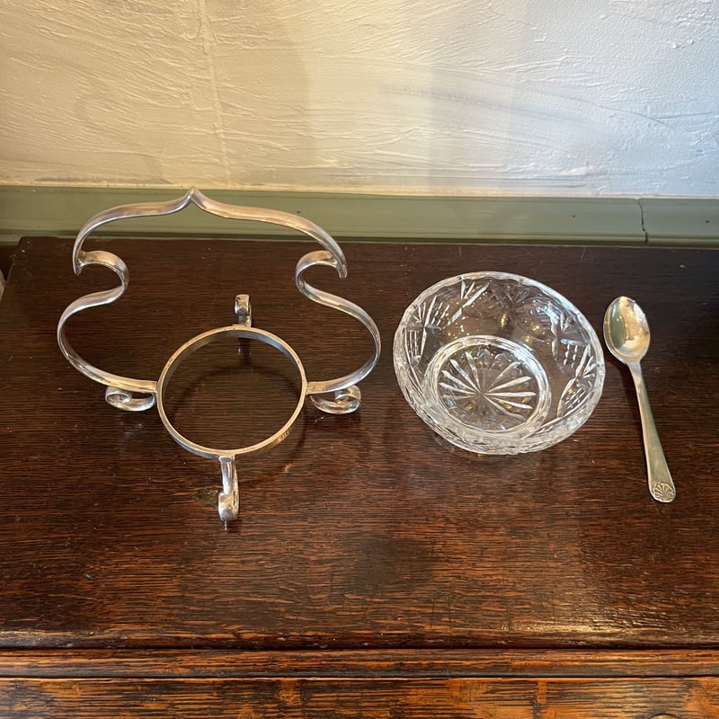 【コバルトガラス ジャムポット】 イギリス ヴィンテージ ジャムスプーン付 ラスト1点！なみなみとしたガラスが魅力のジャムポット フランス