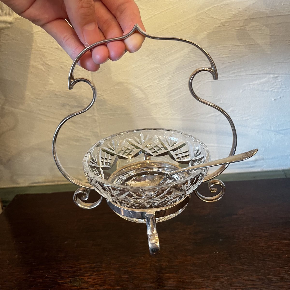 カットガラス ジャムスタンド シルバープレートのスタンド スプーン