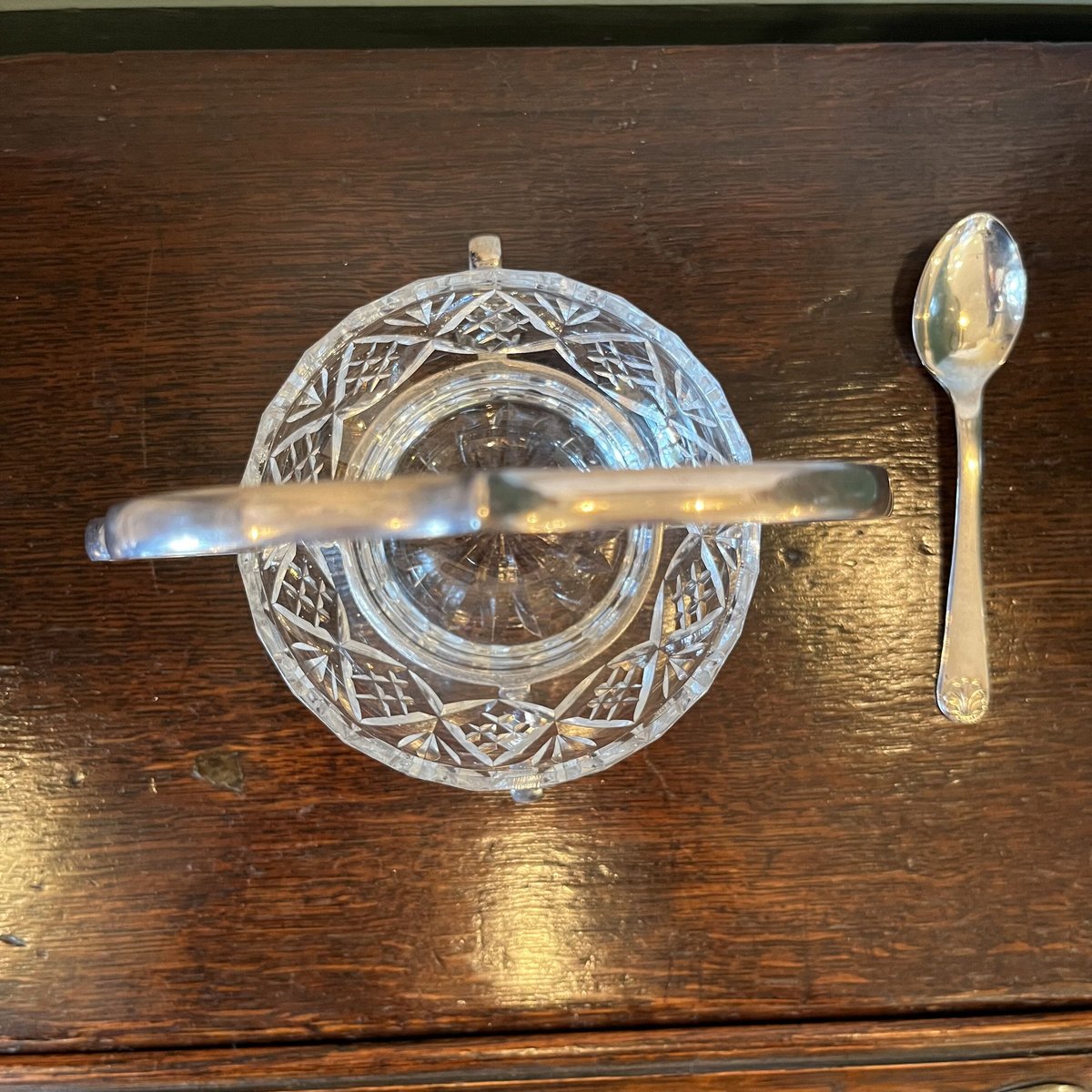 【コバルトガラス ジャムポット】 イギリス ヴィンテージ ジャムスプーン付 カットガラス ジャムスタンド シルバープレートのスタンド