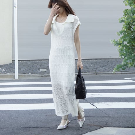 透かし編みワンピース-White