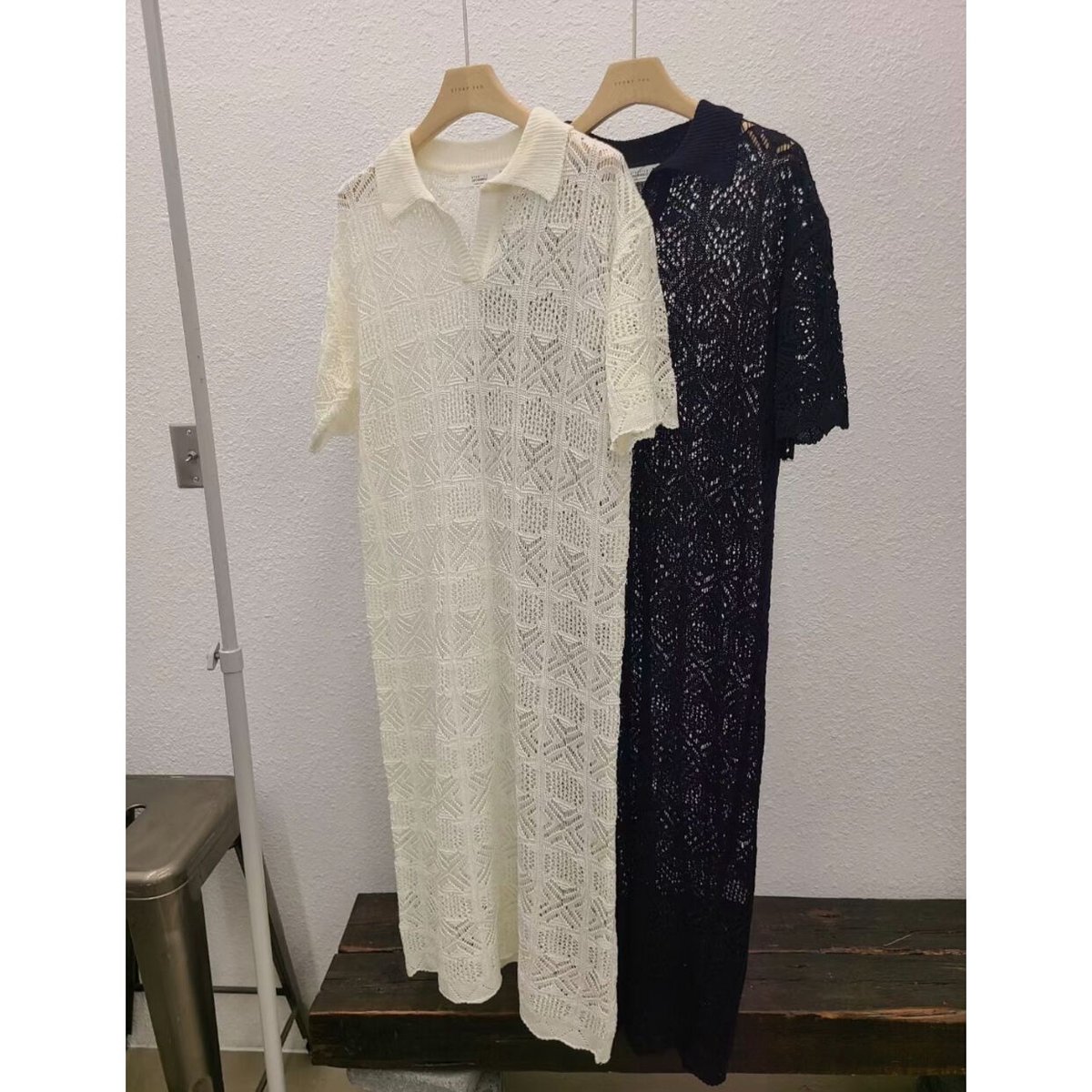 ネイビー ワンピース DR62-28G002 レース七分袖×ダマスク柄ワンピースドレス結婚式ワンピース