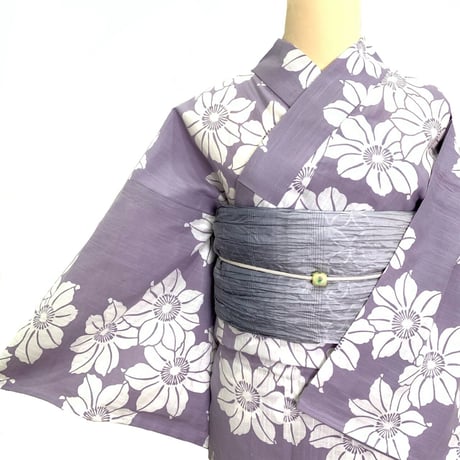 つやび×雅姫　藤紫　クレマチス　綿麻　注染　浴衣