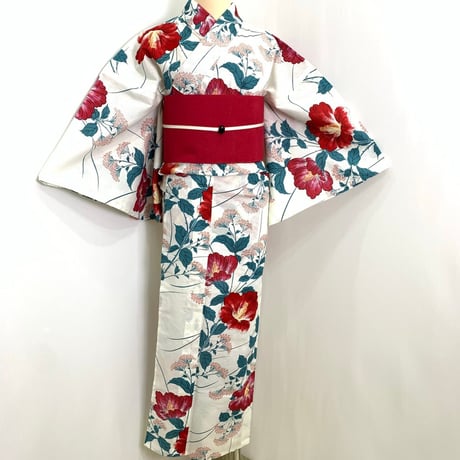 そしてゆめ　綿浴衣　芙蓉　白地　赤